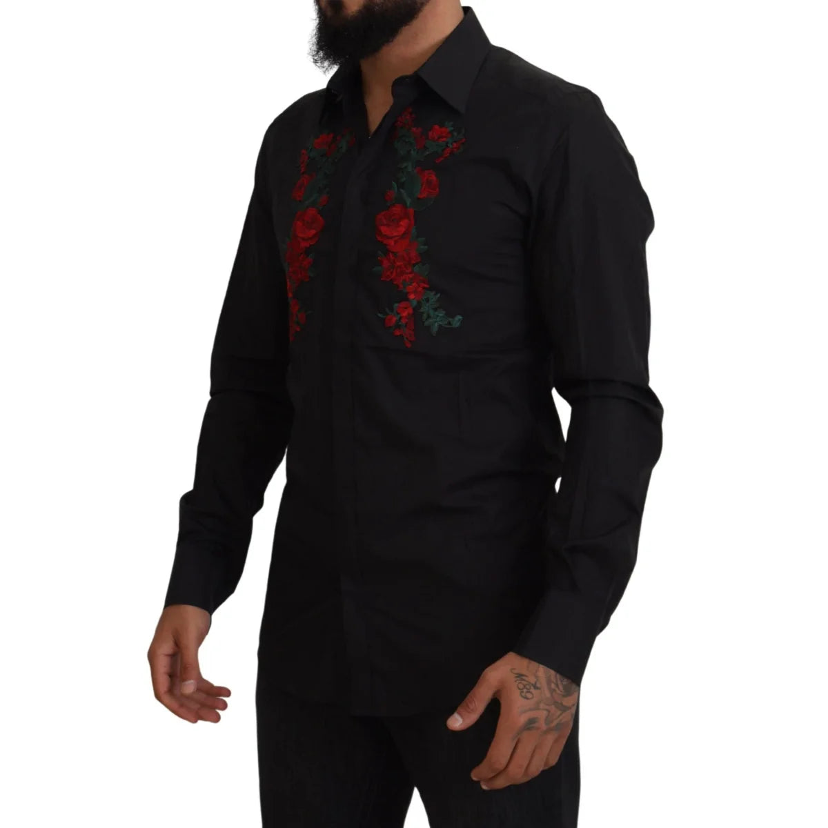 Dolce & Gabbana Black Floral Shirt with Long Sleeves and Embroidery