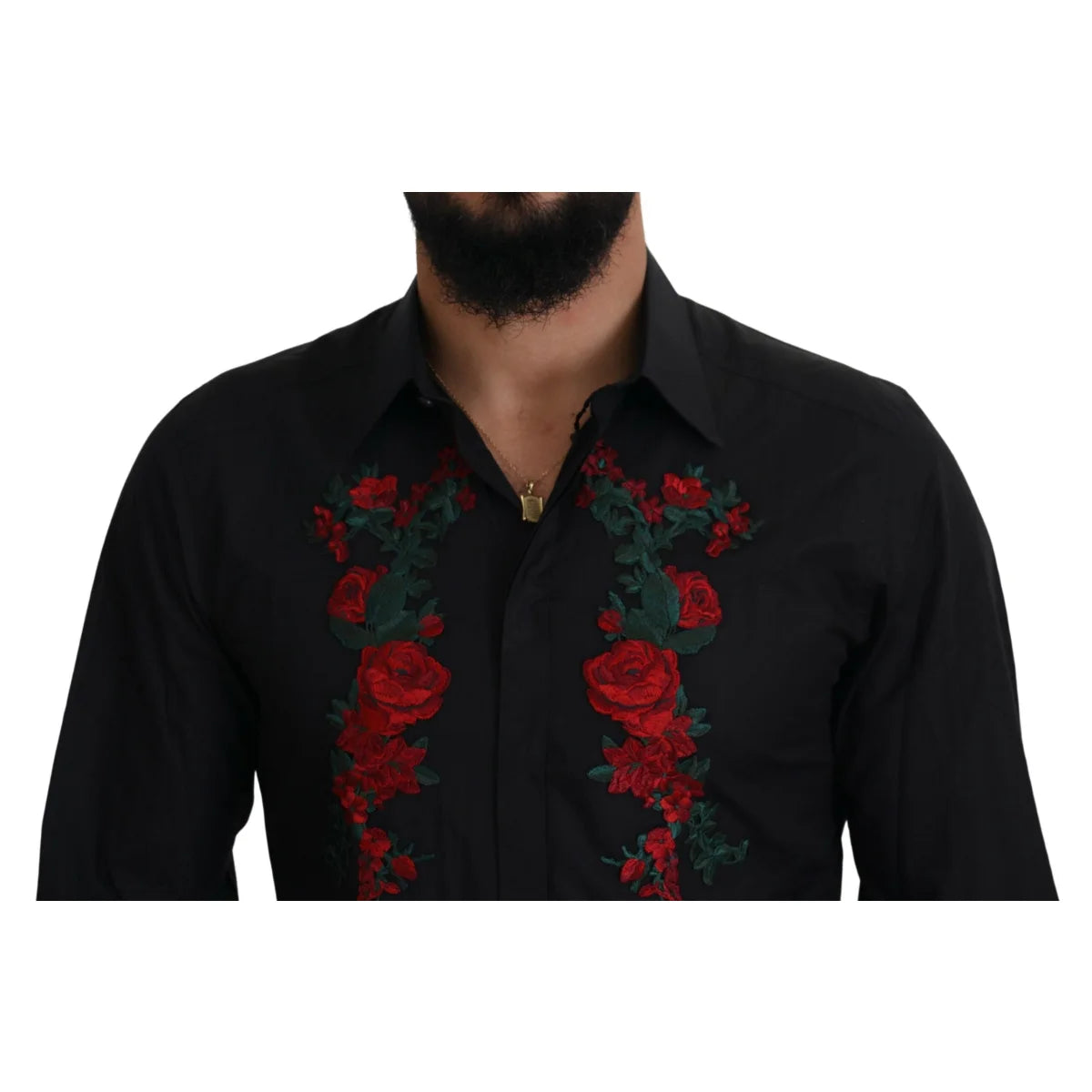 Dolce & Gabbana Black Floral Shirt with Long Sleeves and Embroidery