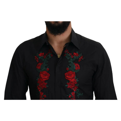 Dolce & Gabbana Black Floral Shirt with Long Sleeves and Embroidery