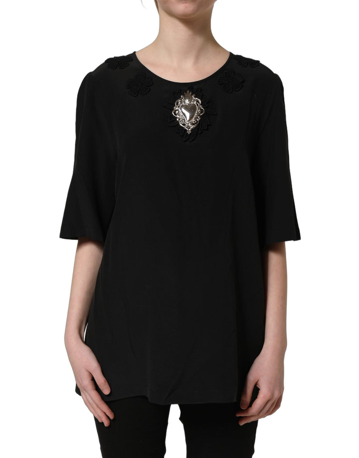 Dolce &amp; Gabbana Blouses - Women’s Black Floral Silk Heart Appliqué Blouse Top