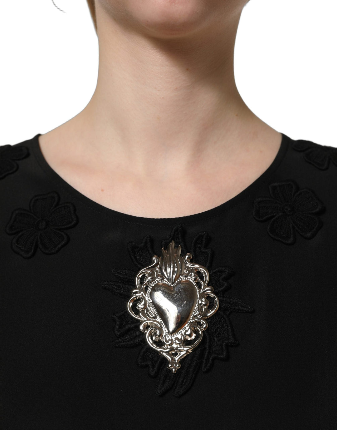 Dolce &amp; Gabbana Blouses - Women’s Black Floral Silk Heart Appliqué Blouse Top