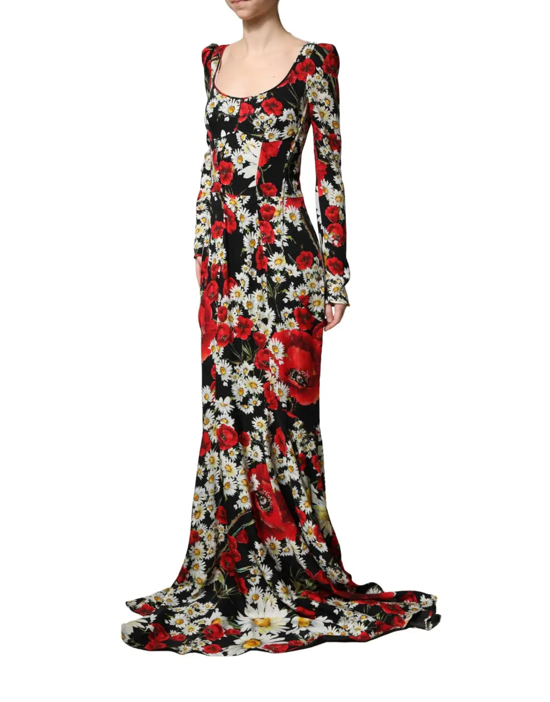 Dolce &amp; Gabbana Black Floral Silk Long Sleeves Gown Dress