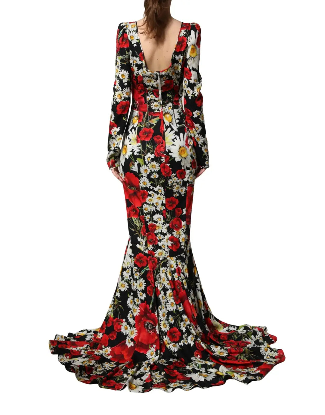 Dolce &amp; Gabbana Black Floral Silk Long Sleeves Gown Dress