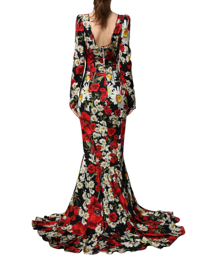Dolce &amp; Gabbana Black Floral Silk Long Sleeves Gown Dress