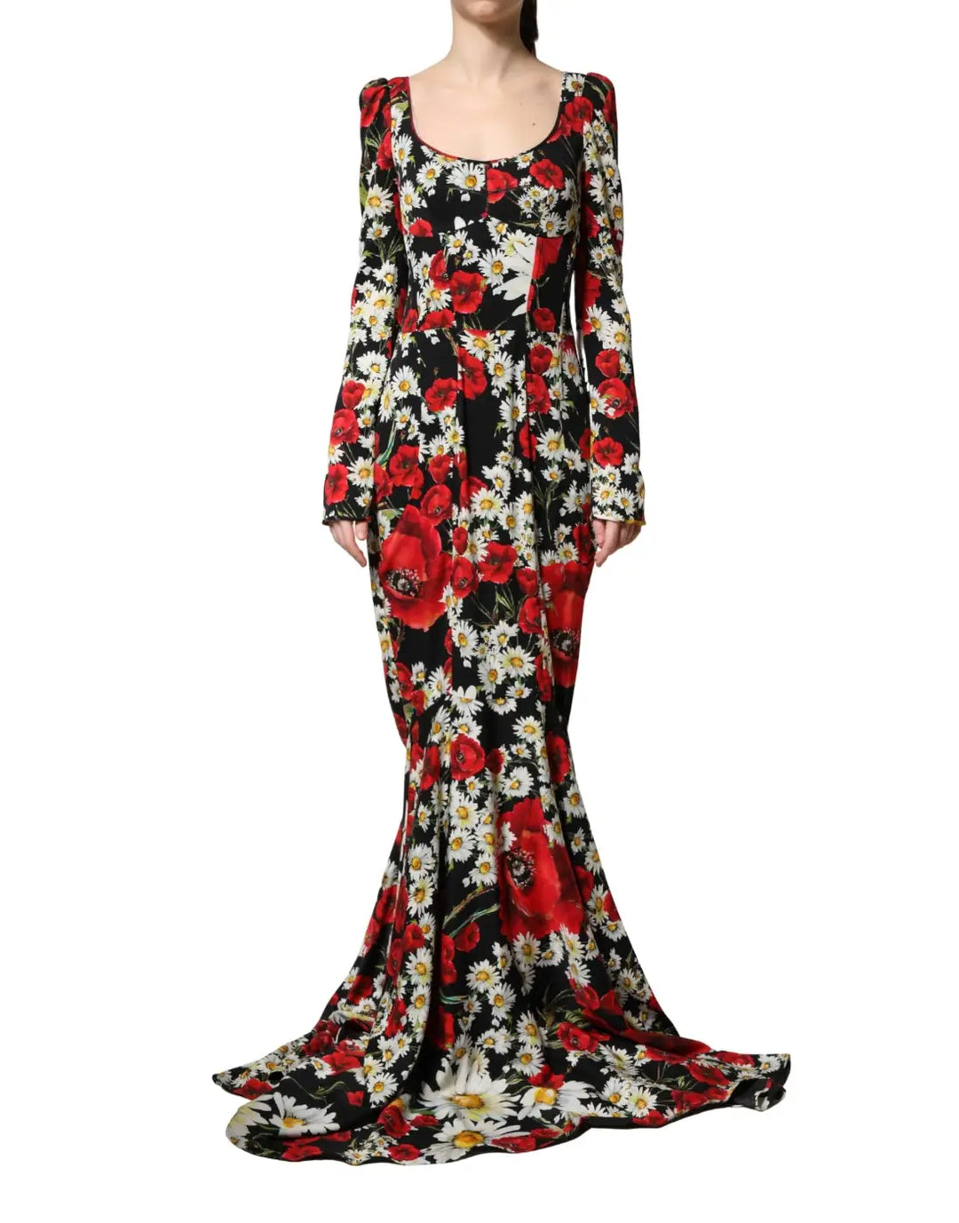 Dolce &amp; Gabbana Black Floral Silk Long Sleeves Gown Dress