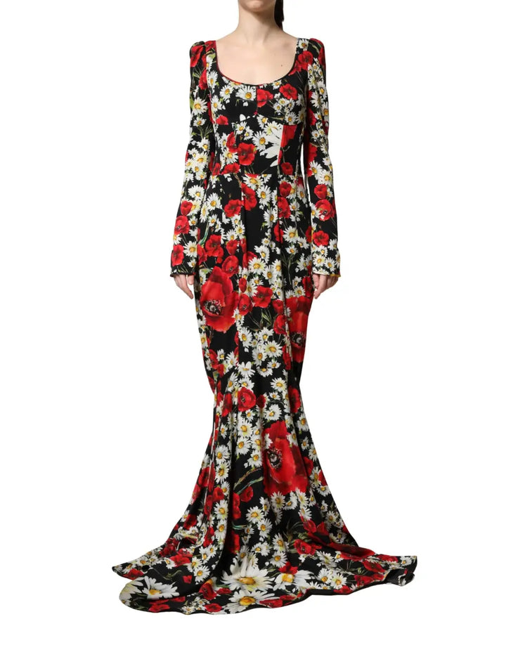 Dolce &amp; Gabbana Black Floral Silk Long Sleeves Gown Dress