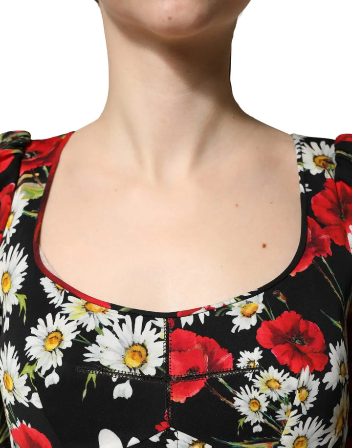 Dolce &amp; Gabbana Black Floral Silk Long Sleeves Gown Dress