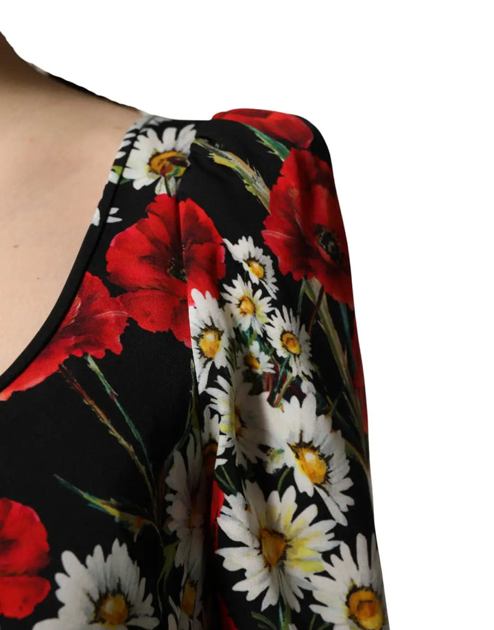 Dolce &amp; Gabbana Black Floral Silk Long Sleeves Gown Dress