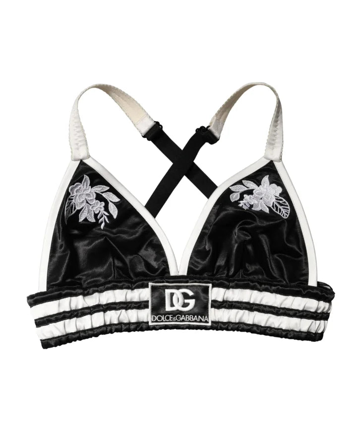 Dolce &amp; Gabbana Black Floral Silk Satin Crop Logo Bralette Top