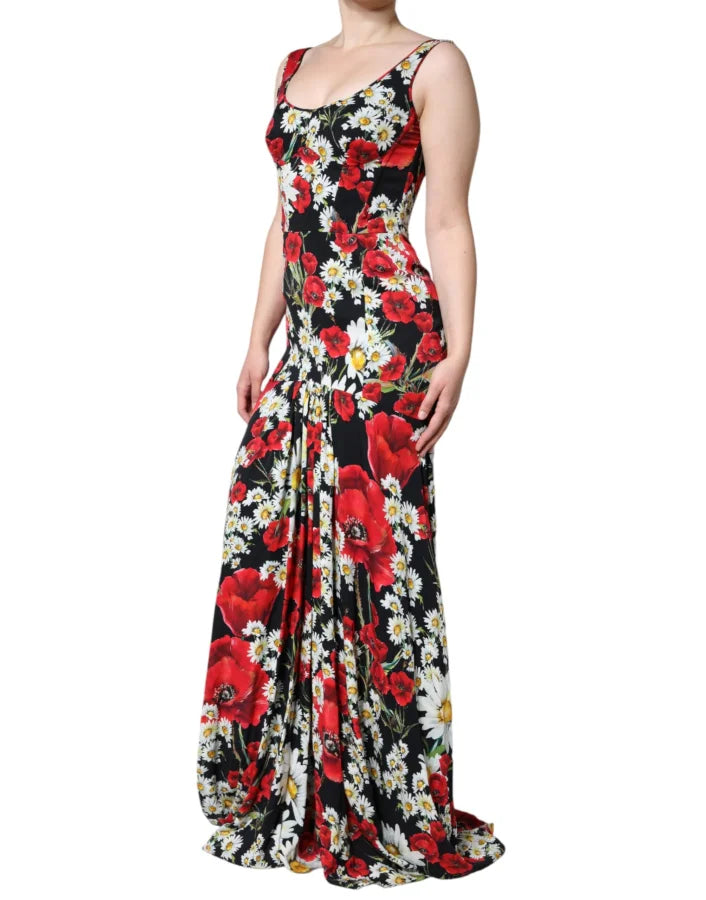 Dolce &amp; Gabbana Black Floral Silk Sleeveless Long Gown Dress