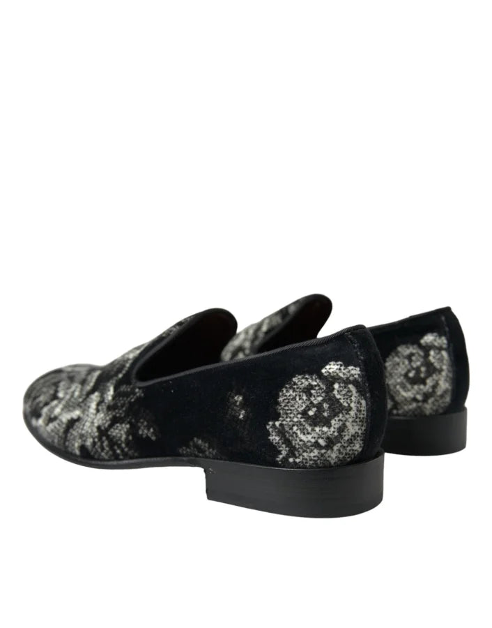Dolce & Gabbana Black Floral Slippers Men Loafers Dress Shoes