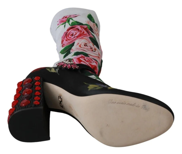 Dolce &amp; Gabbana Black Floral Socks Crystal Jersey Boots Shoes
