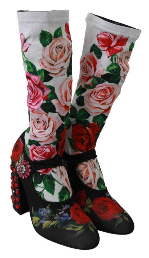 Dolce &amp; Gabbana Black Floral Socks Crystal Jersey Boots Shoes