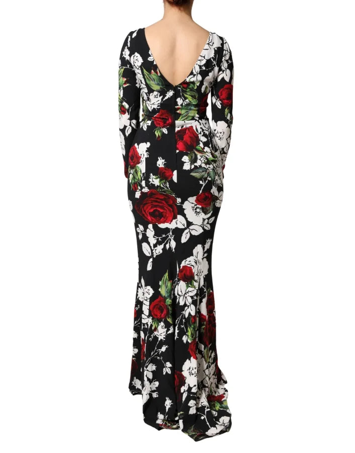 Dolce &amp; Gabbana Black Floral Viscose Bodycon Long Gown Dress