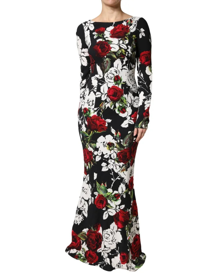 Dolce &amp; Gabbana Black Floral Viscose Bodycon Long Gown Dress