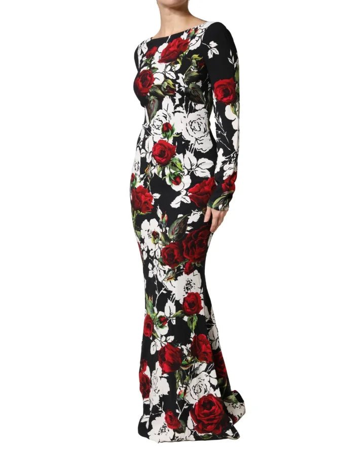 Dolce &amp; Gabbana Black Floral Viscose Bodycon Long Gown Dress