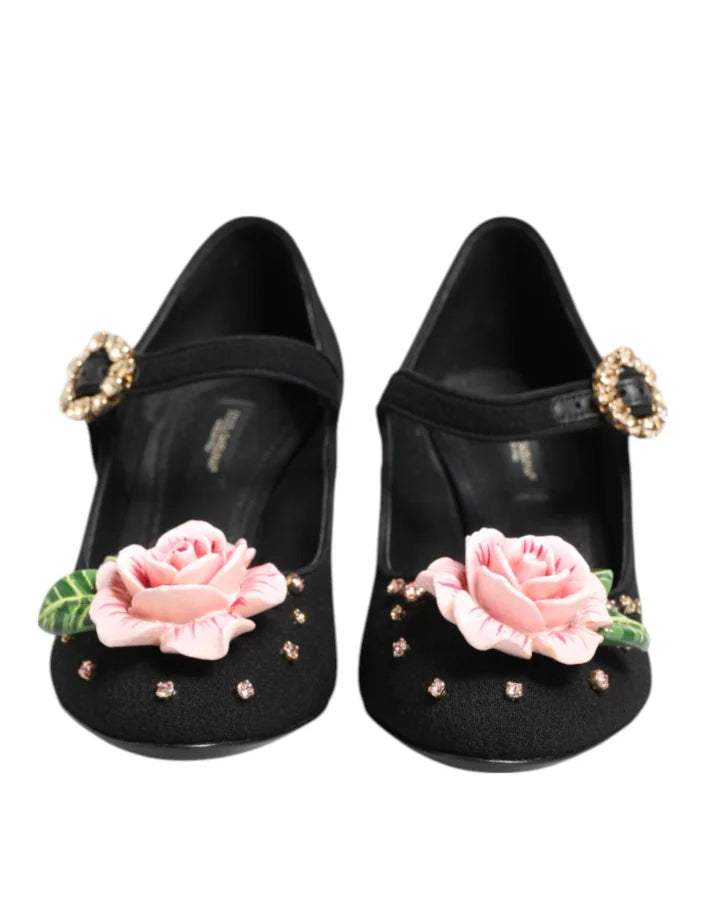 Dolce &amp; Gabbana Black Flower Crystal Embellished Mary Jane Shoes