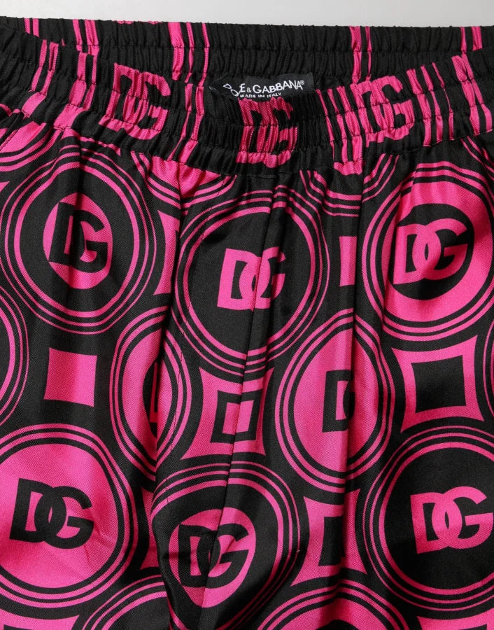 Dolce &amp; Gabbana Black Fuchsia Silk Logo Elastic Waist Shorts