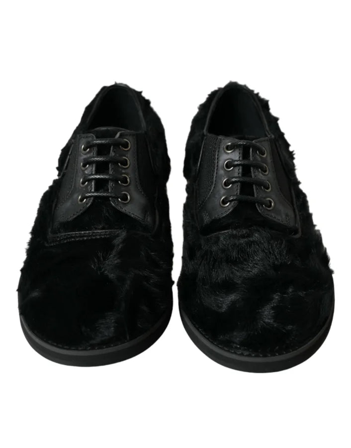 Dolce &amp; Gabbana Black Fur Leather Lace Up Derby Dress Shoes