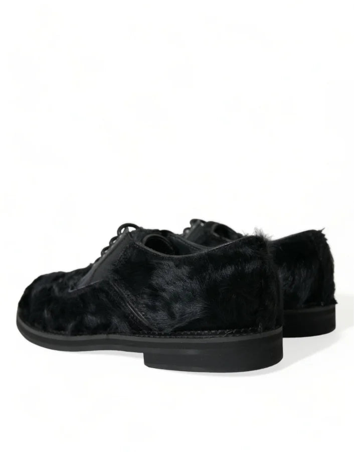 Dolce &amp; Gabbana Black Fur Leather Lace Up Derby Dress Shoes
