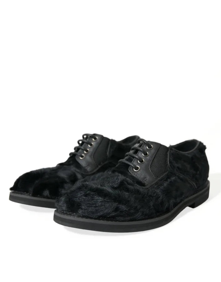 Dolce &amp; Gabbana Black Fur Leather Lace Up Derby Dress Shoes