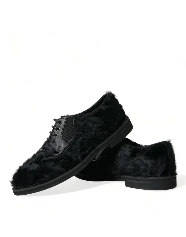 Dolce &amp; Gabbana Black Fur Leather Lace Up Derby Dress Shoes