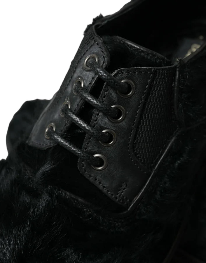 Dolce &amp; Gabbana Black Fur Leather Lace Up Derby Dress Shoes