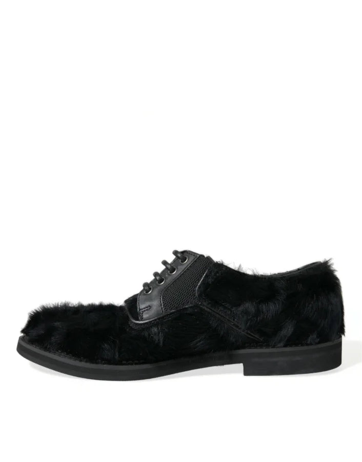 Dolce &amp; Gabbana Black Fur Leather Lace Up Derby Dress Shoes