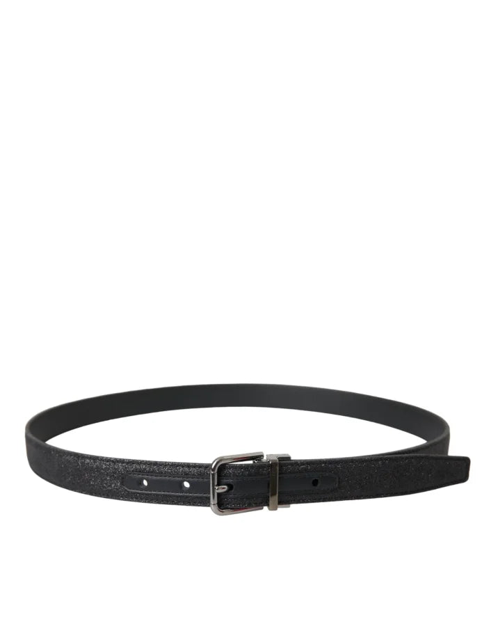 Dolce &amp; Gabbana Black Glittered Leather Silver Buckle Belt