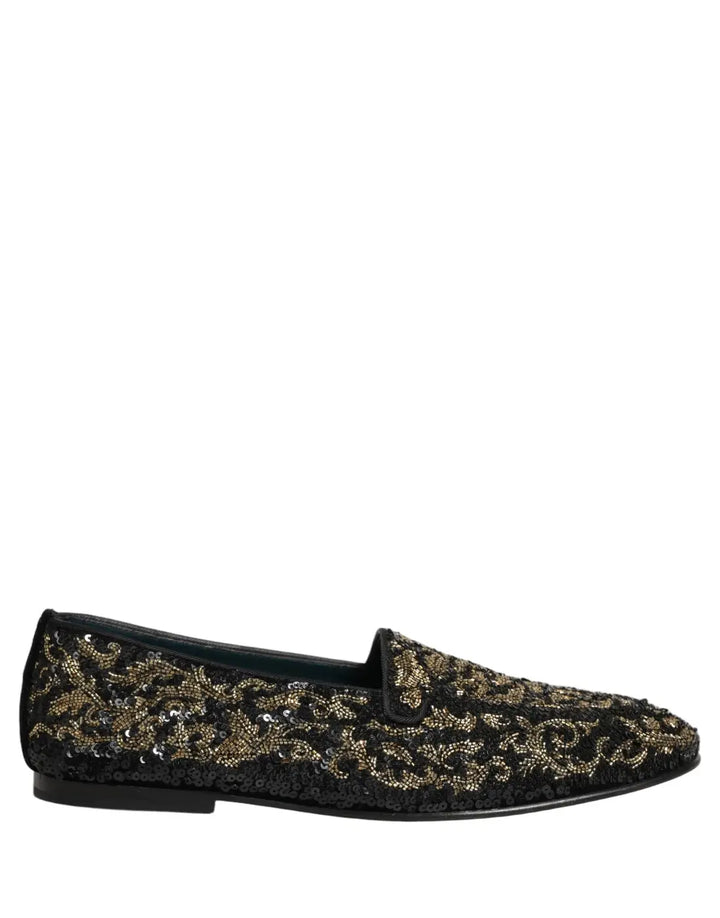 Dolce &amp; Gabbana Black Gold Embellished Dress Loafers Shoes