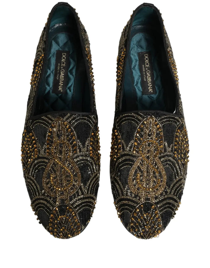 Dolce &amp; Gabbana Black Gold Embellished Dress Loafers Shoes