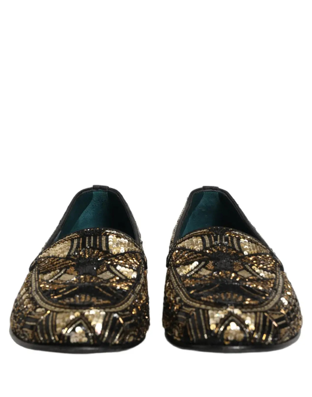 Dolce &amp; Gabbana Black Gold Embellished Slip On Loafers Shoes