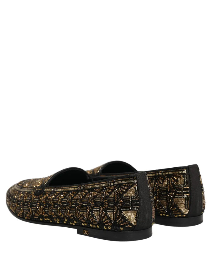 Dolce &amp; Gabbana Black Gold Embellished Slip On Loafers Shoes