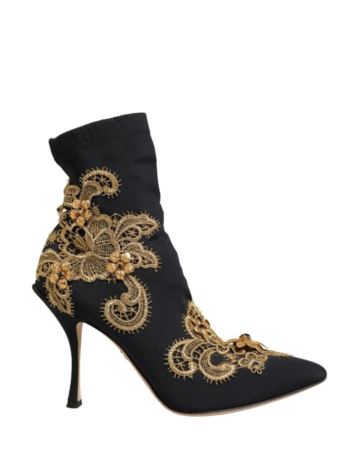 Dolce &amp; Gabbana Black Gold Embroidery Crystal Boots Shoes