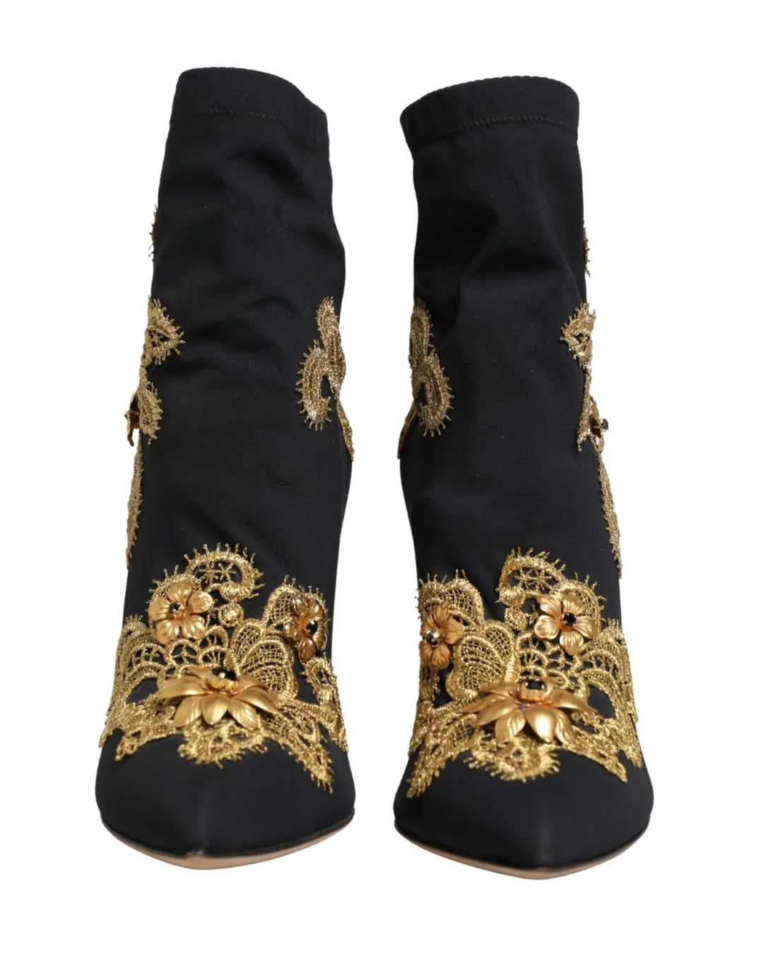 Dolce &amp; Gabbana Black Gold Embroidery Crystal Boots Shoes