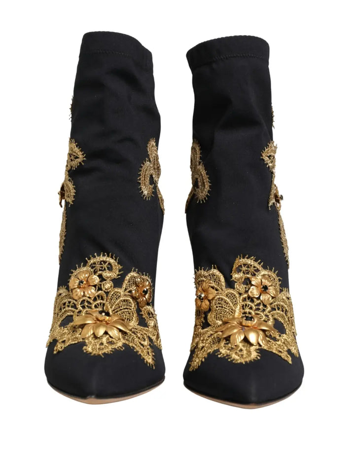 Dolce &amp; Gabbana Black Gold Embroidery Crystal Boots Shoes
