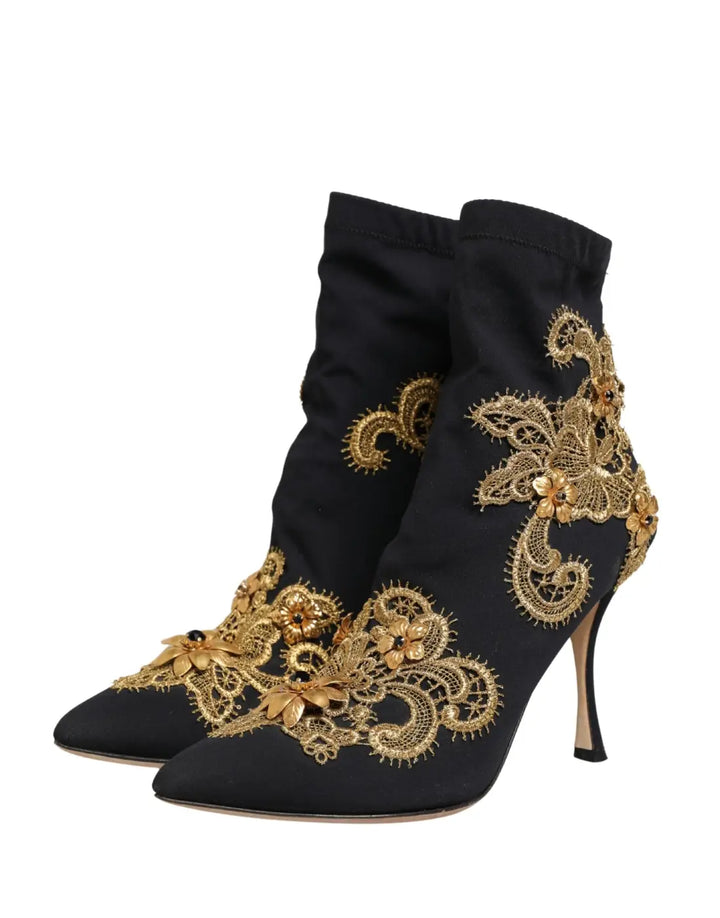 Dolce &amp; Gabbana Black Gold Embroidery Crystal Boots Shoes