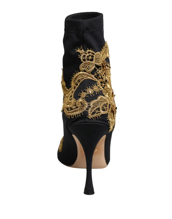 Dolce &amp; Gabbana Black Gold Embroidery Crystal Boots Shoes