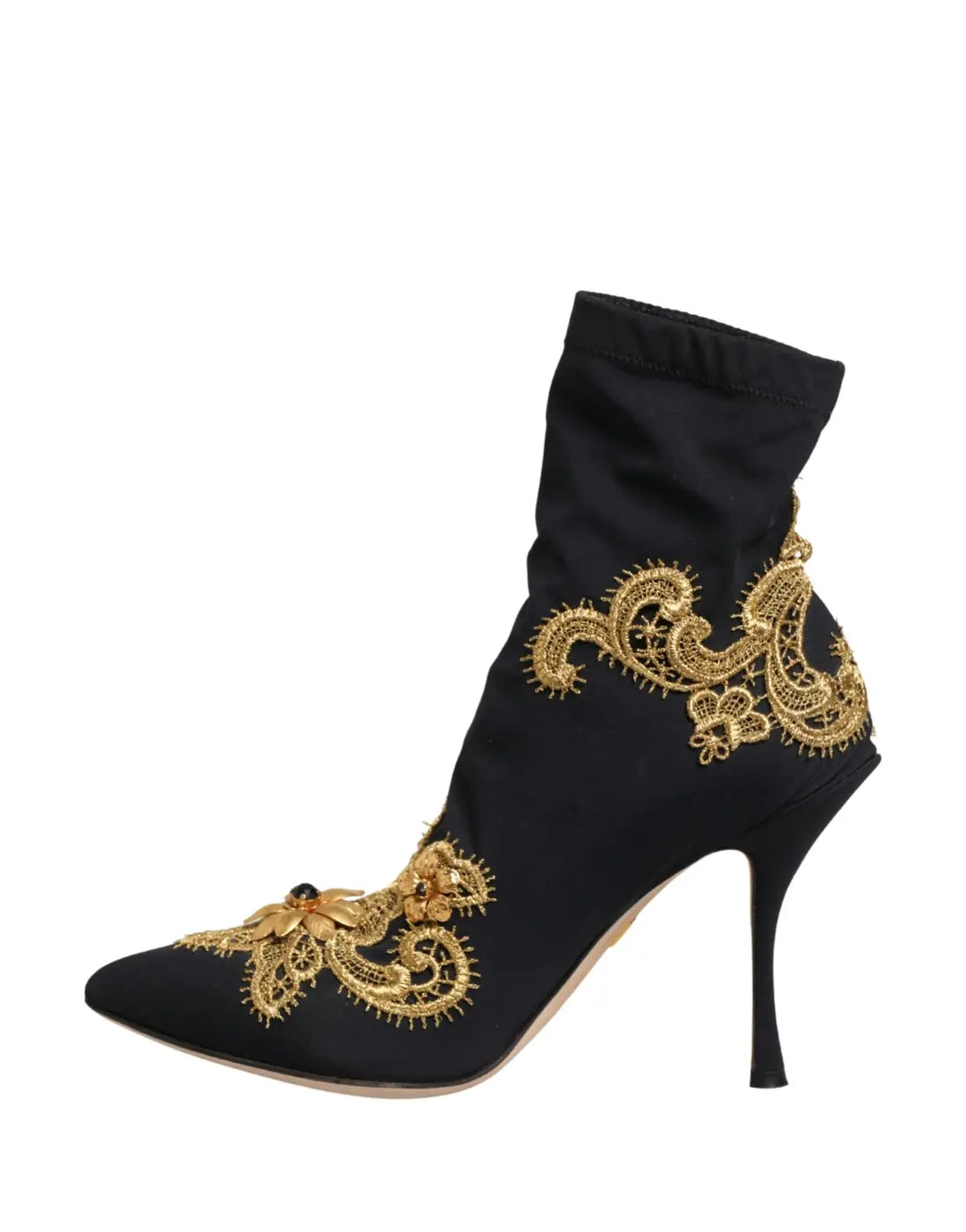 Dolce &amp; Gabbana Black Gold Embroidery Crystal Boots Shoes