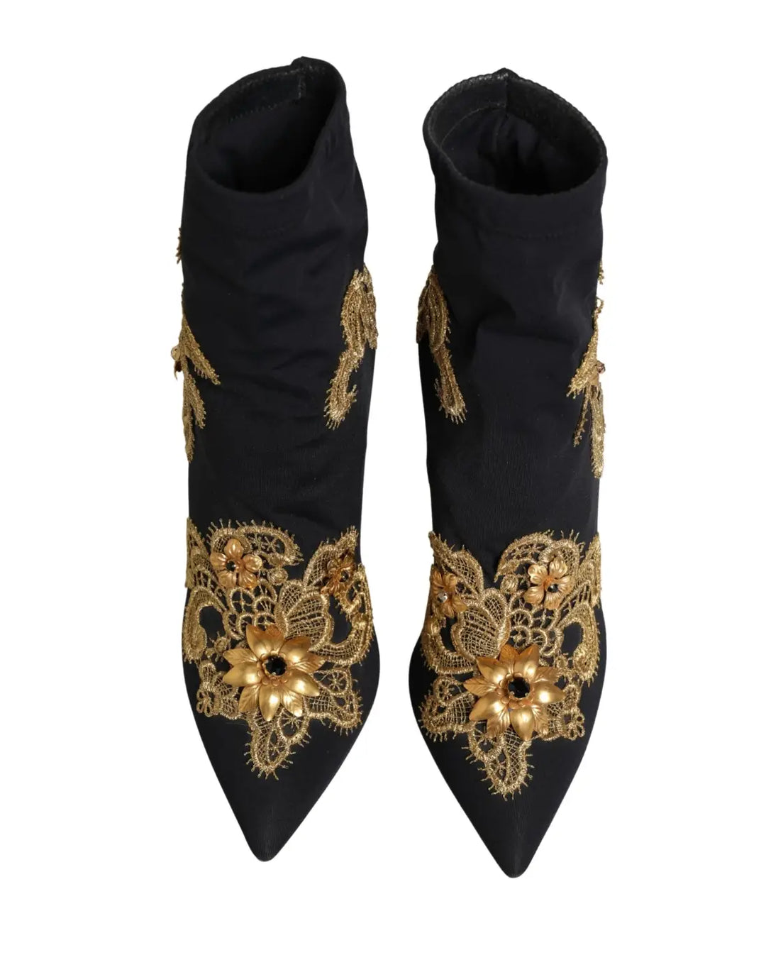 Dolce &amp; Gabbana Black Gold Embroidery Crystal Boots Shoes