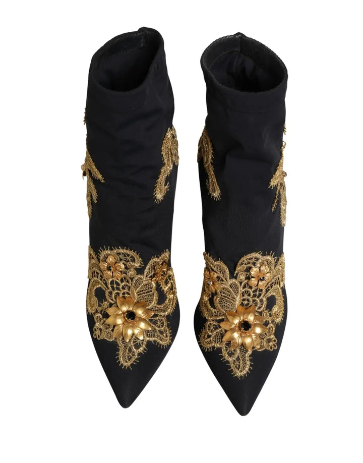 Dolce &amp; Gabbana Black Gold Embroidery Crystal Boots Shoes
