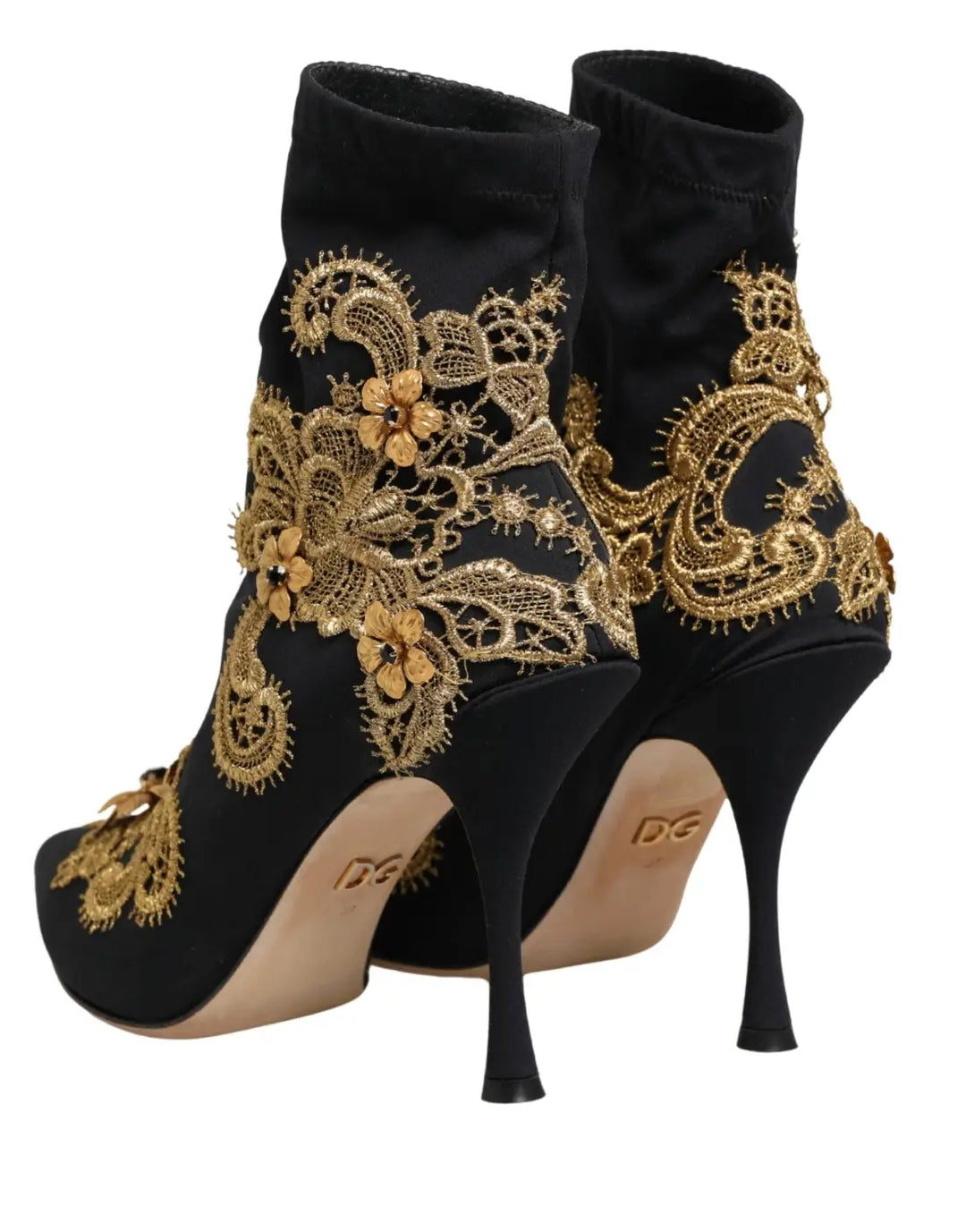 Dolce &amp; Gabbana Black Gold Embroidery Crystal Boots Shoes
