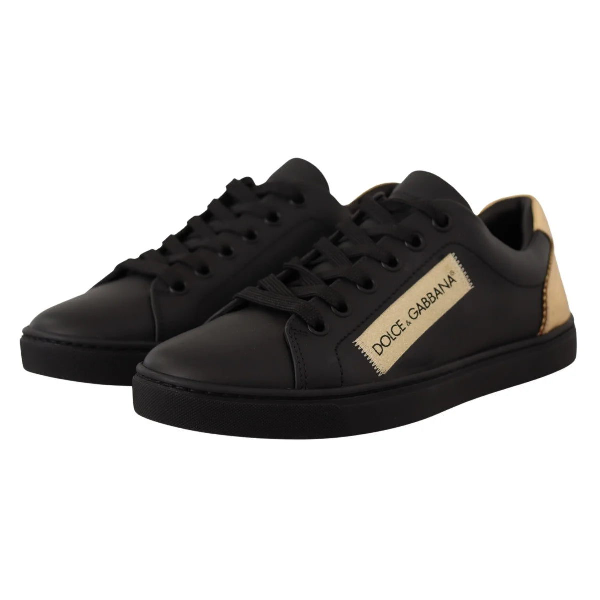 Dolce & Gabbana Black Gold Leather Low Top Sneakers Womens Shoes