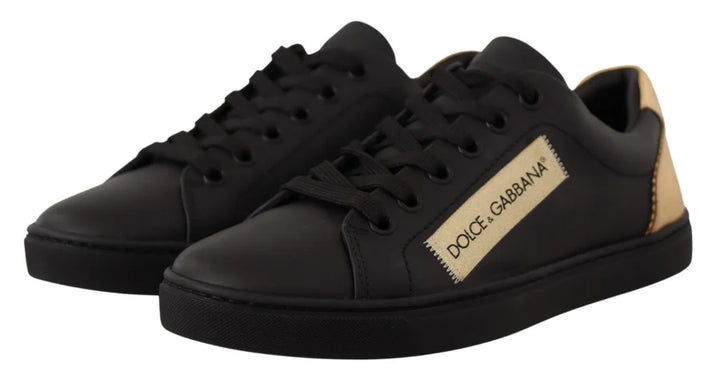 Dolce &amp; Gabbana Black Gold Leather Low Top Sneakers Womens Shoes