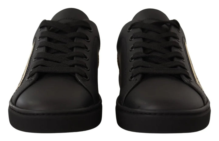 Dolce &amp; Gabbana Black Gold Leather Low Top Sneakers Womens Shoes