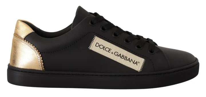 Dolce &amp; Gabbana Black Gold Leather Low Top Sneakers Womens Shoes