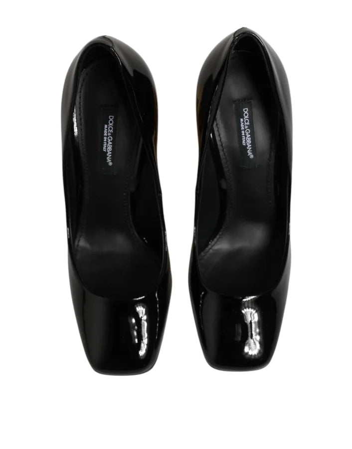 Dolce &amp; Gabbana Black Gold Patent Leather Logo Heels Pumps Shoes