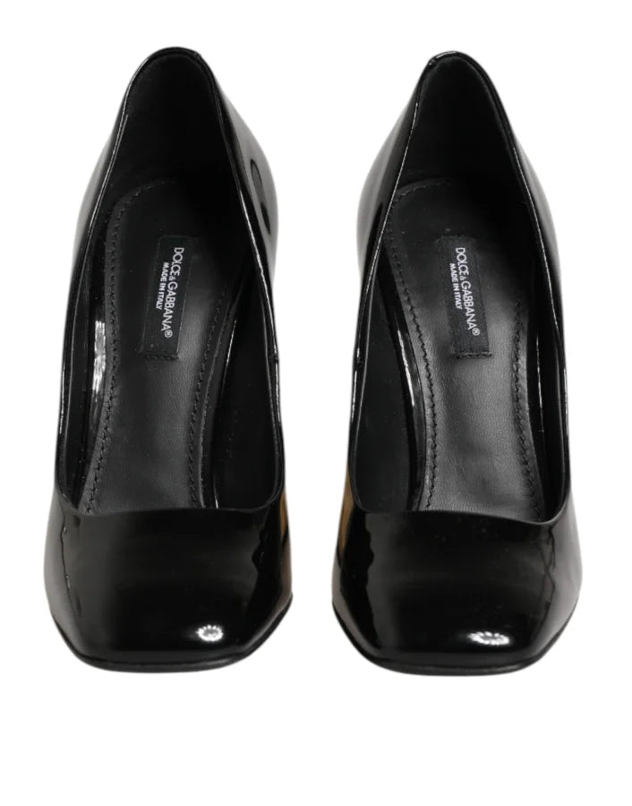 Dolce &amp; Gabbana Black Gold Patent Leather Logo Heels Pumps Shoes