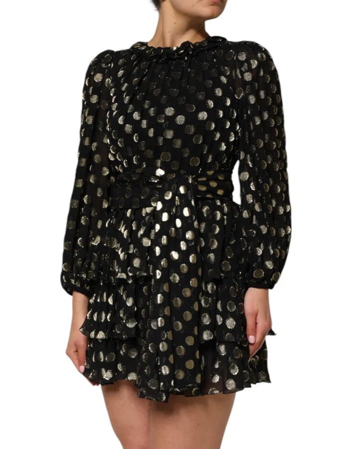 Dolce &amp; Gabbana Black Gold Polka Dot Silk Brocade Mini Dress