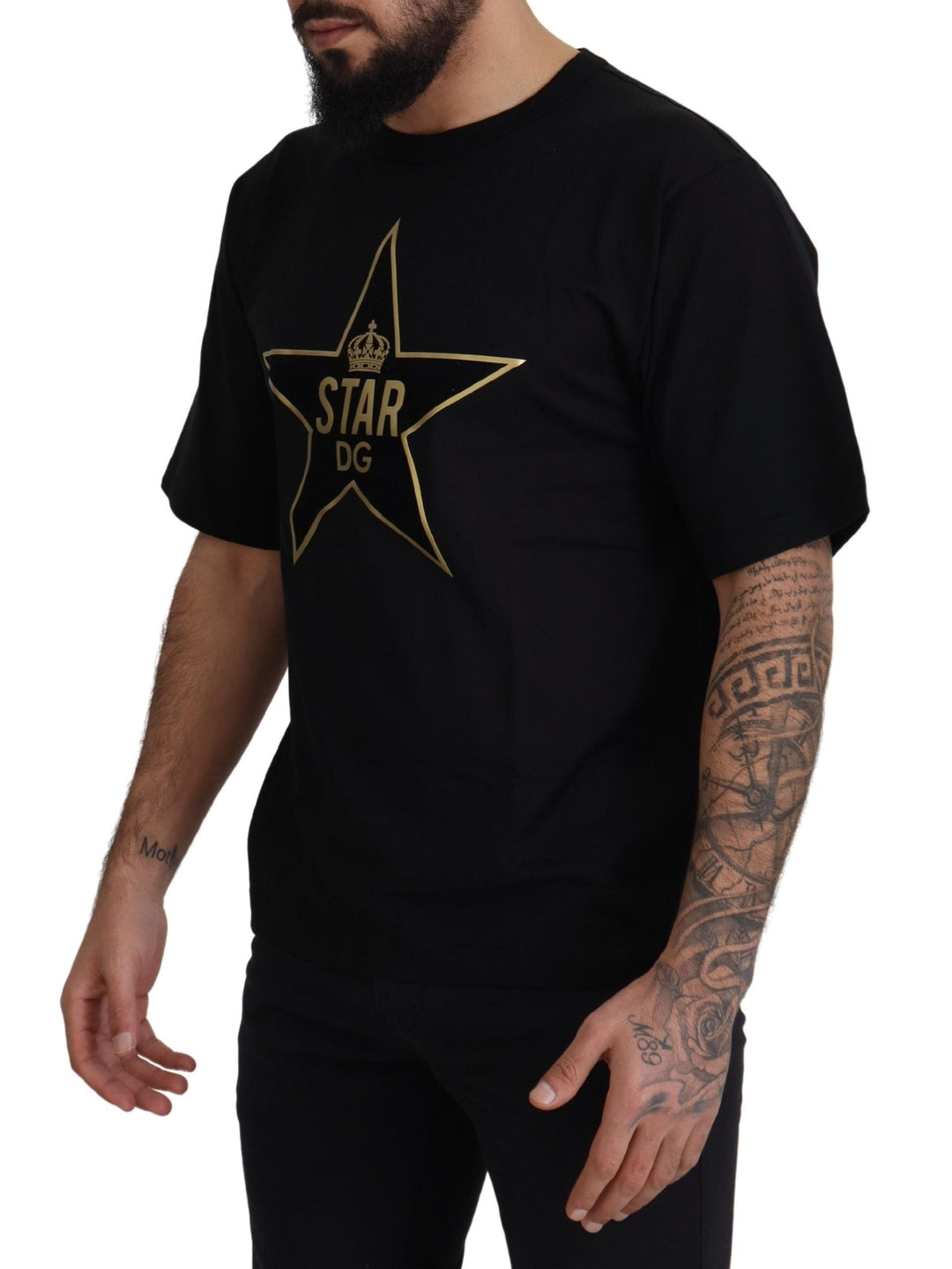 Dolce &amp; Gabbana Black Gold Star Crown Dg Cotton Crewneck T-shirt